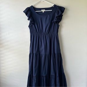 Maison Jules Tiered Maxi Eyelet Dress Ruffle Sleeves Navy M